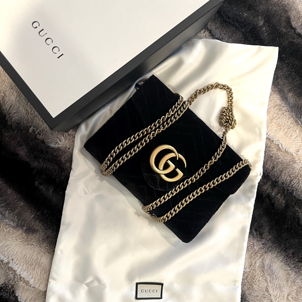 Authentic Gucci velvet black handbag with gold metal chain